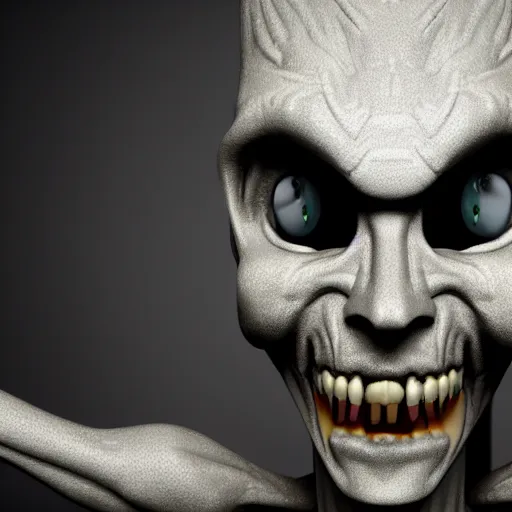 Prompt: a white skinned 3d render of a skinny humanoid with long arms vampire that is angry and screaming, mid-view, long arms, hands on face, ghost eyes, dark background, smokey, ultra 4k