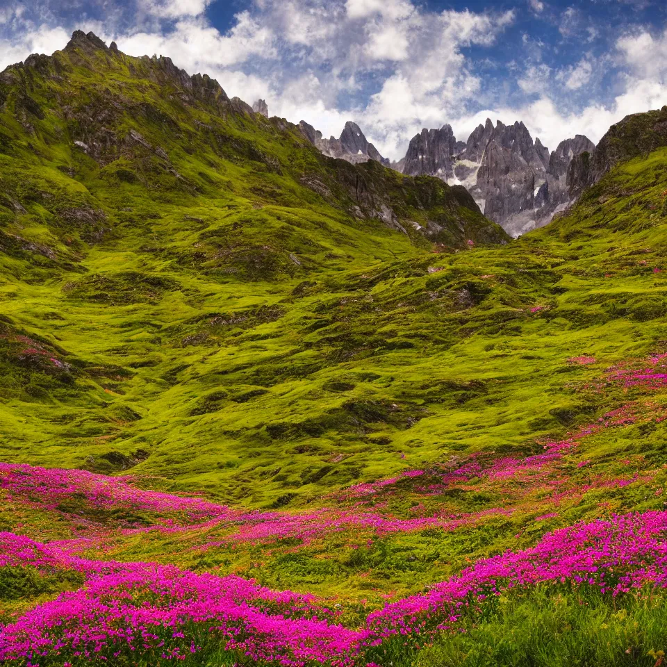 Image similar to valley of flowers with high and small monoliths, humans, renaissance style, film grain, high detailed,