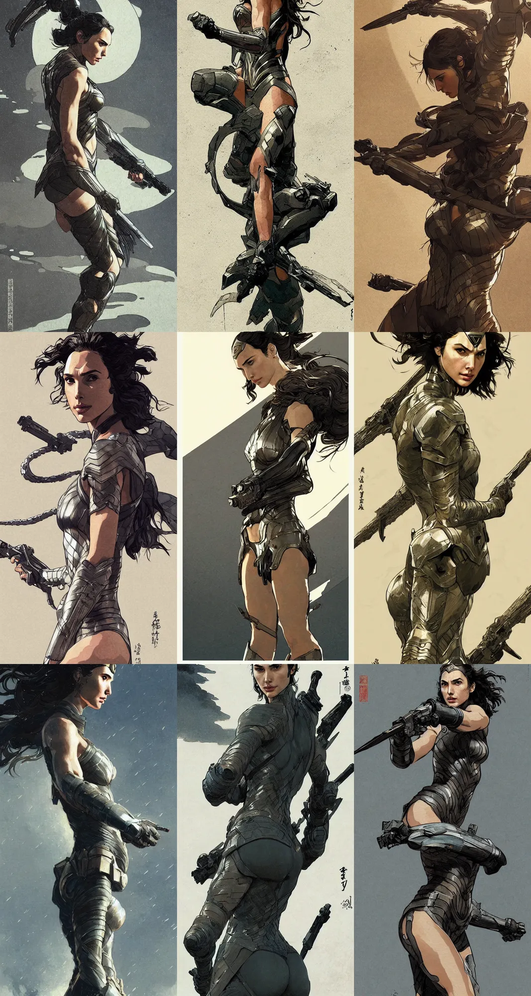 Prompt: gal gadot wearing metal gear armor art by Hokusai by greg rutkowski by wlop high detail comic sharp vector lineart dramtic lighting artstation by trevor henderson cinematic dramatic