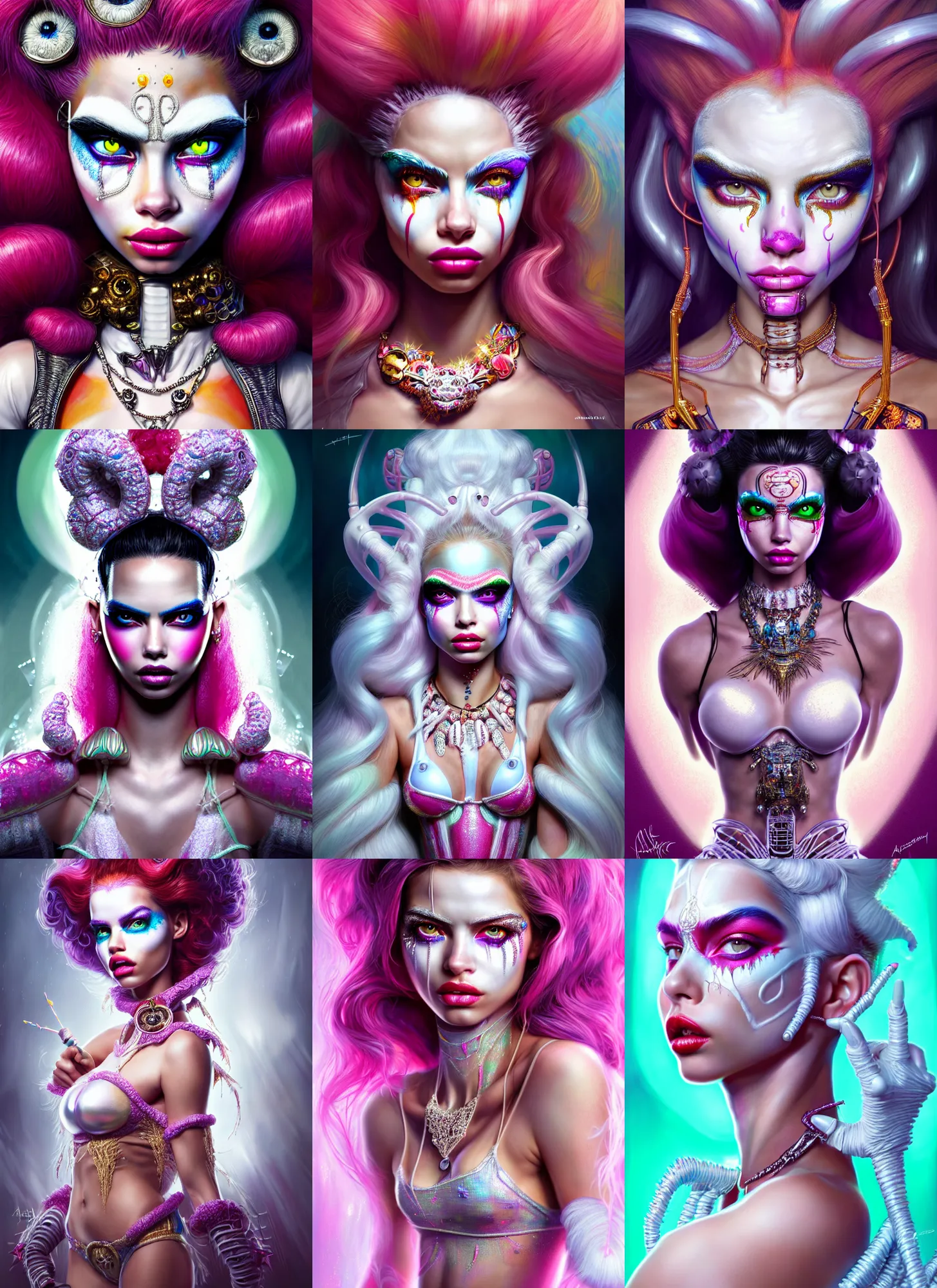 Prompt: bright white clowncore : : disney weta portrait, soft lustrous biotech raver adriana lima cyborg, bling, hi - fructose, sci - fi fantasy intricate decadent highly - detailed digital painting, ever after high, octane render, artstation, concept art, smooth, sharp focus, illustration, artgerm, mucha, loish, wlop