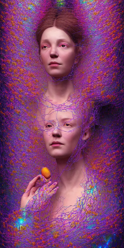 Image similar to hyper detailed 3d render like a Oil painting - portrait of Aurora (Singer) seen Eating of the Strangling network of yellowcake aerochrome and milky Fruit that covers her body and Her delicate Hands hold of gossamer polyp blossoms bring iridescent fungal flowers whose spores black the foolish stars by Jacek Yerka, Mariusz Lewandowski, Houdini algorithmic generative render, Abstract brush strokes, Masterpiece, Edward Hopper and James Gilleard, Zdzislaw Beksinski, Mark Ryden, Wolfgang Lettl, hints of Yayoi Kasuma, octane render, 8k