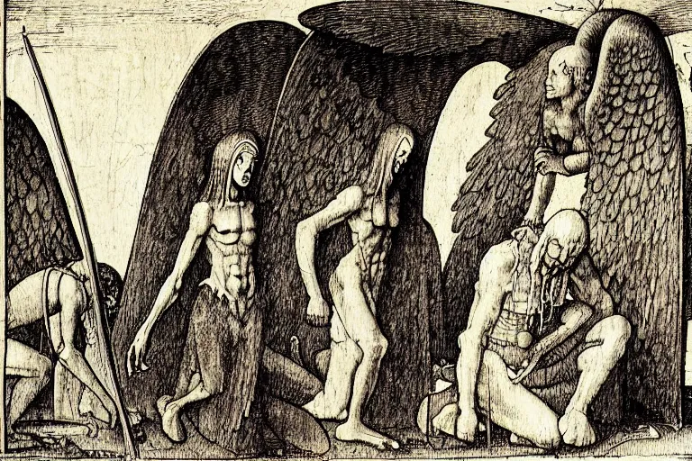 Image similar to fallen angel begs to enter the gates of hell by moebius and hieronymus bosch