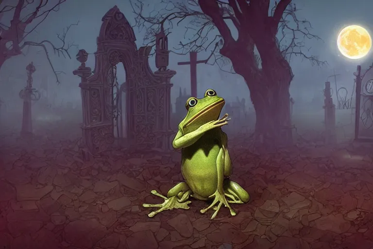 Image similar to an ultra detailed animation of a cartoon frog in a graveyard at midnight on halloween, digital art, dark fantasy, concept art, soulslike, by alphonse mucha, blood moon eclipse, ruined building in the background, artstation, 8 k, unreal engine render