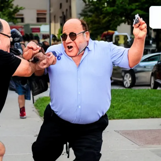 Image similar to Angry Alex Jones chasing after Danny DeVito for stealing his ice cream