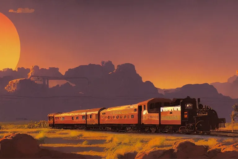 Image similar to idyllic old western train station illustration by syd mead, artstation, 4 k, graphic novel, concept art, matte painting, steam engine spewing billowy clouds of steam, beautiful mountain desert sunset background, golden hour