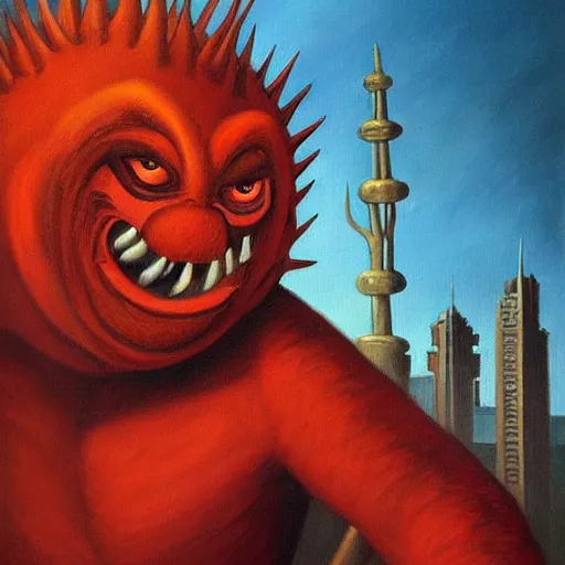 Image similar to by ernie barnes, by nicolas mignard flickr, cinnabar cosy, rigorous. a beautiful painting of a large, orange monster looming over a cityscape. the monster has several eyes & mouths, & its body is covered in spikes. it seems to be coming towards the viewer, who is looking up at it in fear.