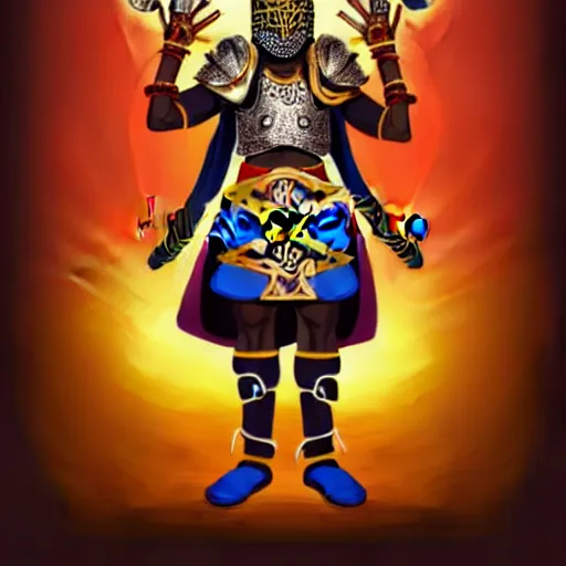 Image similar to a young black boy dressed like an african moorish warrior, with four arms, wearing gold armor and a crown with a ruby, posing with a very ornate glowing electric spear!!!!, for honor character digital illustration portrait design, by android jones in a psychedelic fantasy style, dramatic lighting, hero pose, wide angle dynamic portrait