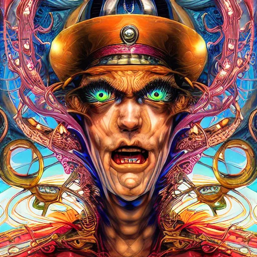 Prompt: portrait closeup of crazy genie, symmetrical, by yoichi hatakenaka, masamune shirow, josan gonzales and dan mumford, ayami kojima, takato yamamoto, barclay shaw, karol bak, yukito kishiro