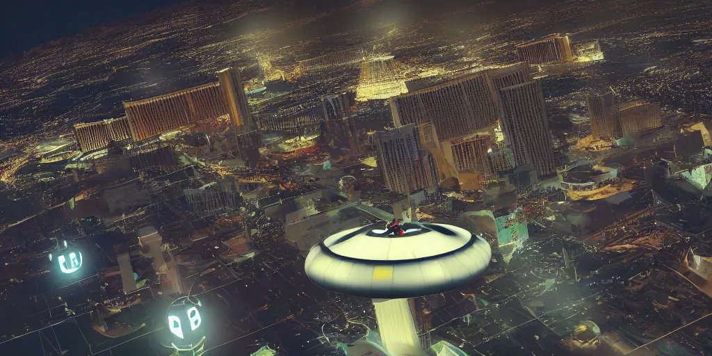 Prompt: a pfotograph of an giantic ufo over las vegas, movie poster, rule of threes, film photography, 3 d render, trending on artstation, 3 d society, neon ligths, futurism