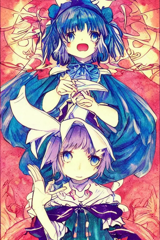 Prompt: cirno, touhou project, official artwork, intricate, amazing line work, colorful, tarot cards, the devil tarot card