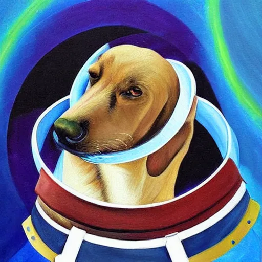 Image similar to a beautiful painting, dog in a space suite, by vladimir mayakovsky, by vladimir mayakovsky, long shot