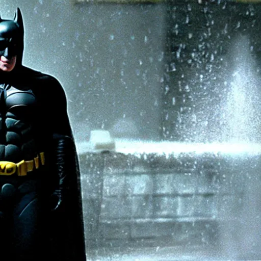 Image similar to batman having a cold shower, in the film, the dark knight, christopher nolan