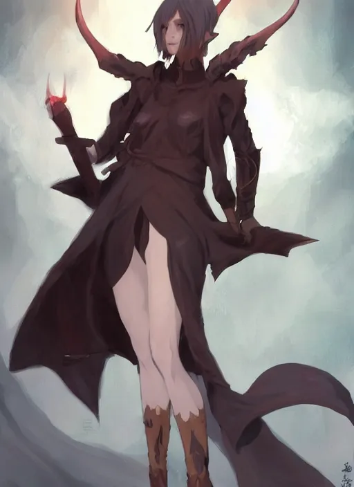 Prompt: concept art painting of a feminine person with brown skin and short white hair, demon horns, elf ears, full clothing, black clothes, blue robes, detailed, cel shaded, in the style of ruan jia and artgerm and makoto shinkai and james gurney