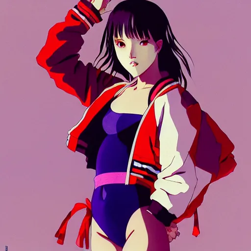 Image similar to a beautiful japanese natalie portman gravure model, wearing oversized native designer bomber jacket and leotard, bulky poofy bomber jacket with mesoamerican patterns, mesoamerican native street fashion, gapmoe yandere grimdark, trending on pixiv fanbox, painted by greg rutkowski makoto shinkai takashi takeuchi studio ghibli, akihiko yoshida