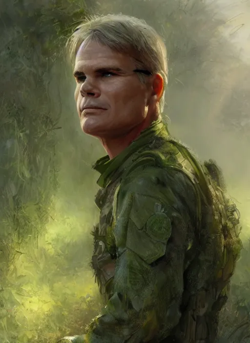 Image similar to portrait of a young richard dean anderson wearing a green combat uniform, in a post appocalyptic city overgrown by plants, by wlop, by luis royo, by greg rutkowski, cover illustration, concept art, volumetric lighting, volumetric atmosphere, sharp focus, octane render, trending on artstation, 8 k