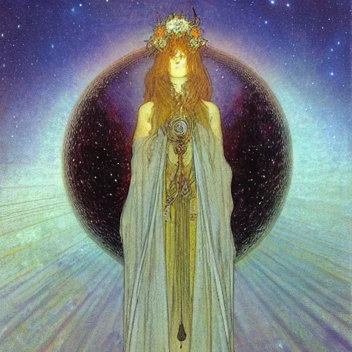 Prompt: Gaia looking down on Earth, ethereal glow, art by Moebius, Brian Froud, John Bauer, Alphonse Mucha