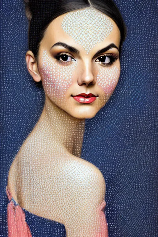 Image similar to allover painting face portrait of elegantly beautiful, sophisticated victoria justice, exhalted queen of advanced mathematics, complex computations, intricate automatism, baroque, batik, ben - day dots by, norman rockwell, range murata jeremy lipking, trending on pinterest, stunning 8 k, sharp depth of field, pristine global illumination, circuit bent synthesis.
