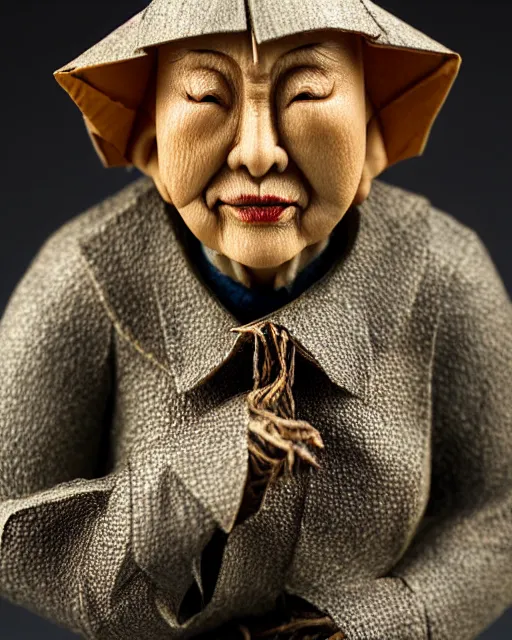 Image similar to an origami wrinkled old fisherlady by akira yoshizawa, realistic, very detailed, complex, intricate, studio lighting, bokeh, sigma 5 0 mm f 1. 4