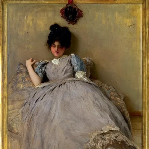 Image similar to victorian girl in ball gown sleeping, painting by alfred stevens