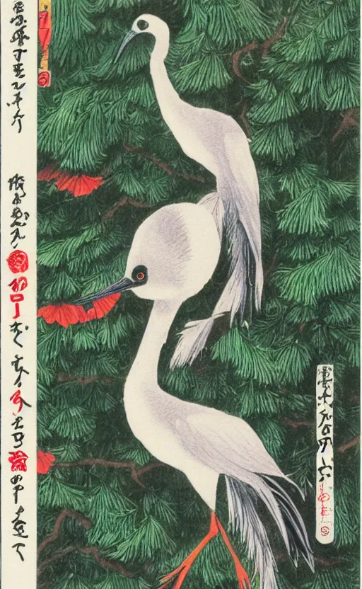 Prompt: by akio watanabe, manga art, girl next to a japanese crane bird in japanese pines, trading card front, kimono, realistic anatomy, sun in the background