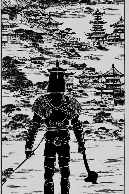 Image similar to A very detailed Chinese knight walking alone with his black horse, very detailed grand Chinese martial arts cityscape, desolate, black & white, silhouette by janus, Brian Bolland, book cover