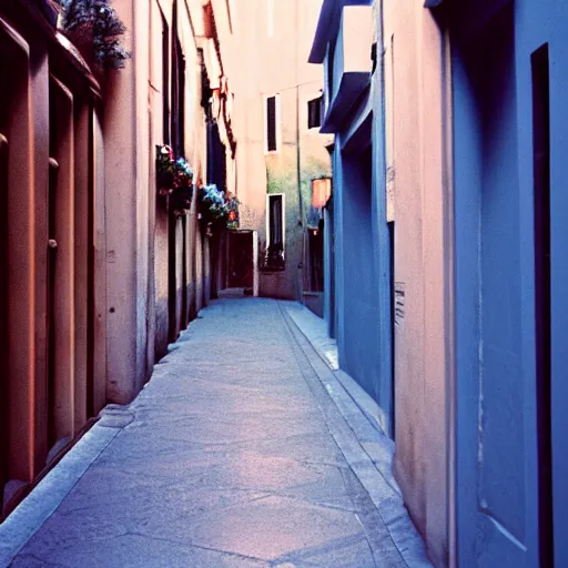 Image similar to kodak portra 8 0 0, flickr photograph view of a calm hallway street street with blue roses in downtown neo - venezia in a dreamy afternoon, a corner shop can be seen