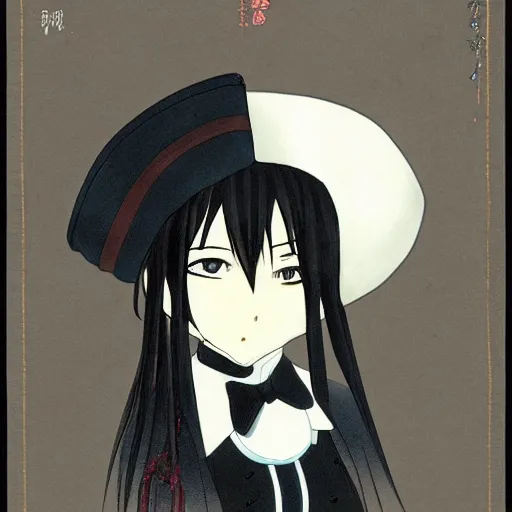 Prompt: an anime character with long black hair and a top hat, a character portrait by toyohara chikanobu, pixiv contest winner, neo - romanticism, booru, sabattier filter, official art