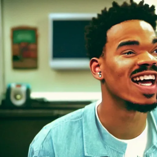 Image similar to a tv still of Chance The Rapper starring as a college student in a 1998 black sitcom, 40mm lens