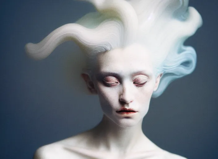 Image similar to cinestill 5 0 d photo portrait of a beautiful hybrid with woman face in style of paolo roversi by roberto ferri, weird marble body, white hair floating in air, 1 5 0 mm lens, f 1. 2, ethereal, emotionally evoking, head in focus, bokeh, volumetric lighting, matt colors outdoor