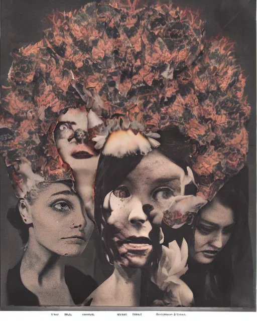 Image similar to the end of the world, different women's faces, cut and paste collage, mutated flowers, burnt, soft glow, 1 9 6 0 s, hypnotized, gritty texture, radioactive, dystopian, serene emotions