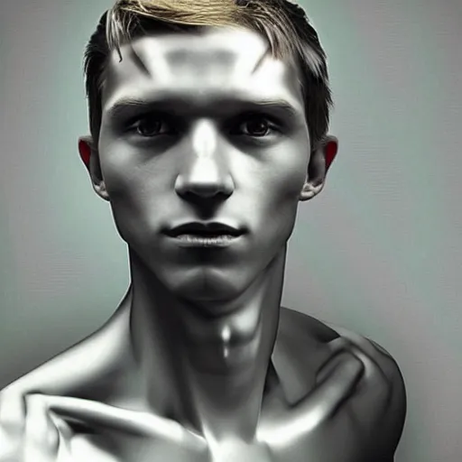 Prompt: “a realistic detailed photo of a guy who is an attractive humanoid who is half robot and half humanoid, who is a male android, Tom Holland, shiny skin, posing like a statue, blank stare”