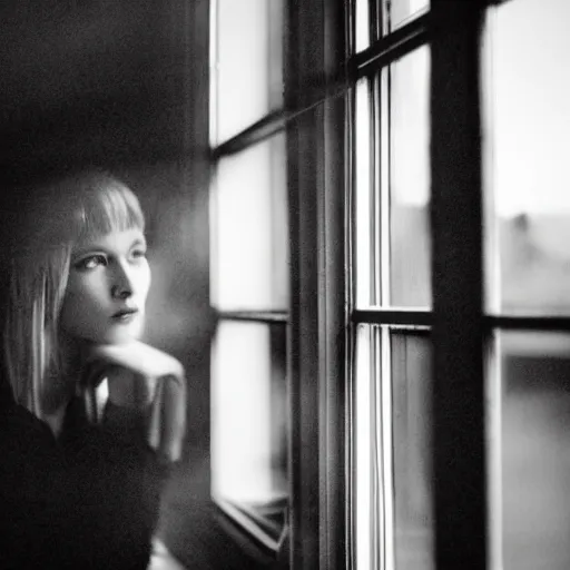 Image similar to black and white fashion photograph highly detailed portrait of a depressed beautiful 30 years old model woman standing by the window, natural light, rain, mist, lomo, fashion photography, film grain, soft vignette, sigma 85mm f/1.4 1/10 sec shutter