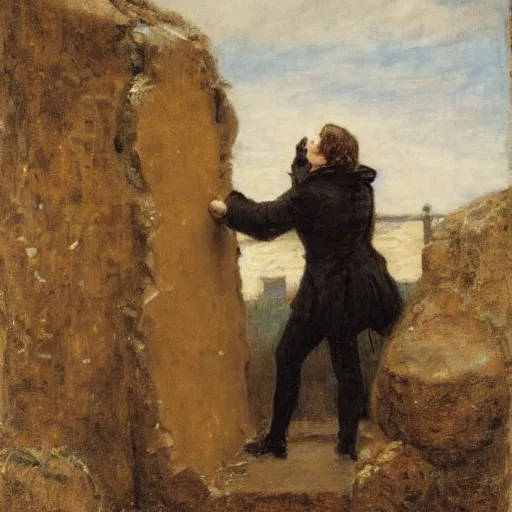 Image similar to young victorian man and woman solving a riddle carved into a stonewall in a dungeon, by alfred stevens