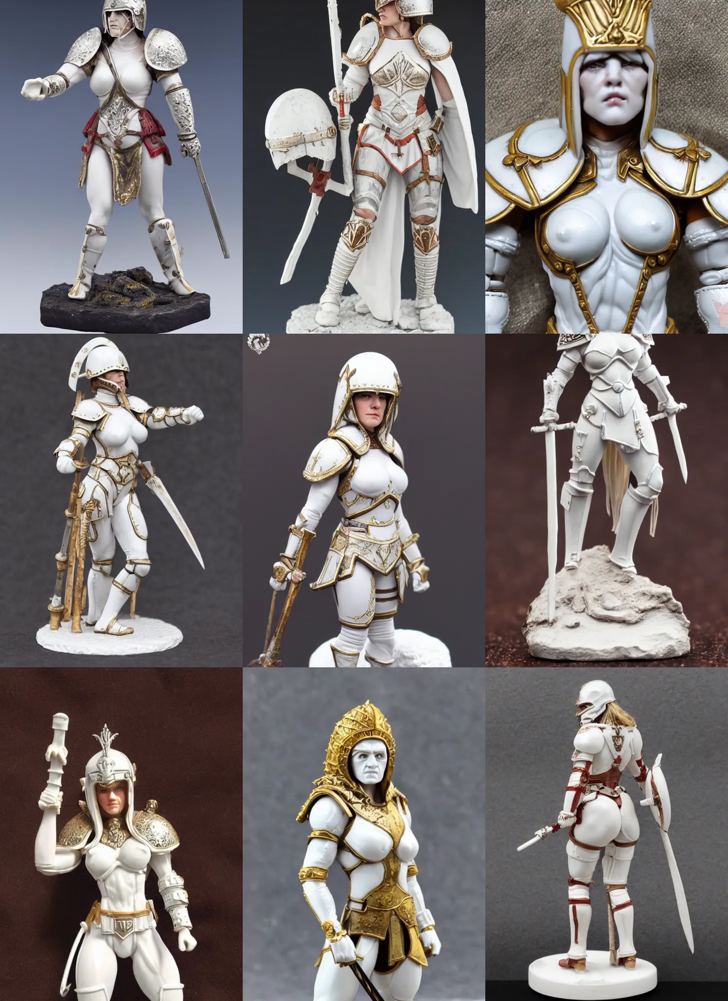 Prompt: 80mm resin detailed miniature of a Very Muscular White Woman, Queen of war, white armor, iron mask and helmet, white cloak, on textured base; Miniature Photos, 4K, Full body; Front view