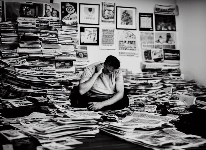 Image similar to dslr photo still of alex jones sitting depressed in a room filled to the ceiling with newspapers, 5 2 mm f 5. 6