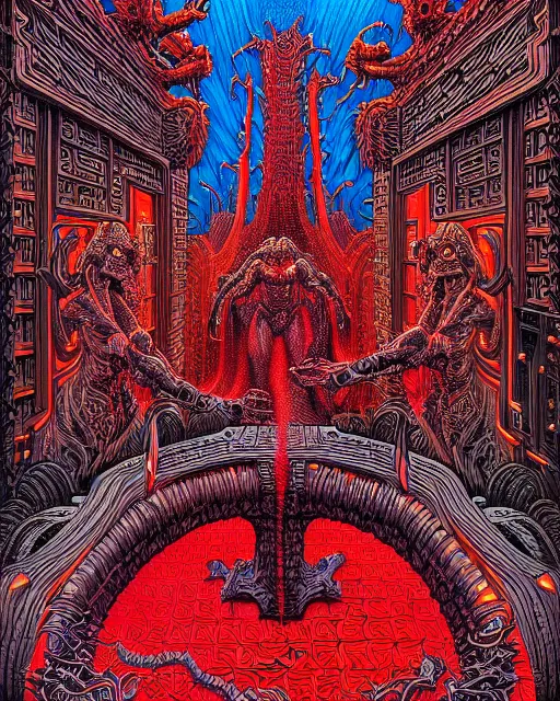 Prompt: hyper detailed illustration of gateway to hell, intricate linework, post by greg hildebrandt. 8 0 s fantasy artwork. vibrant colors. red shading