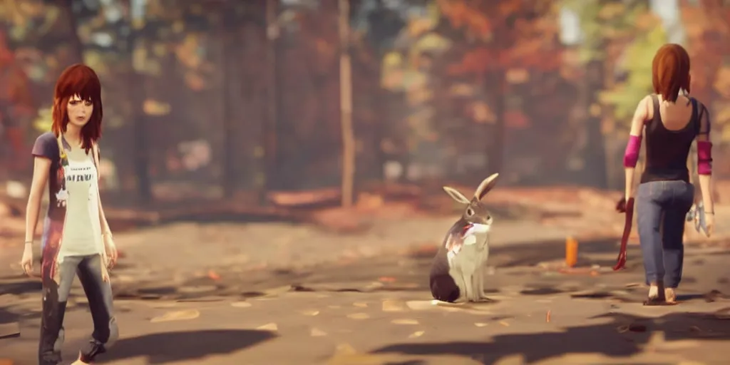 Prompt: a rabbit in the video game life is strange