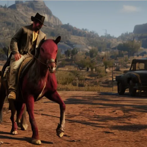 Image similar to barney dinosaur in red dead redemption 2