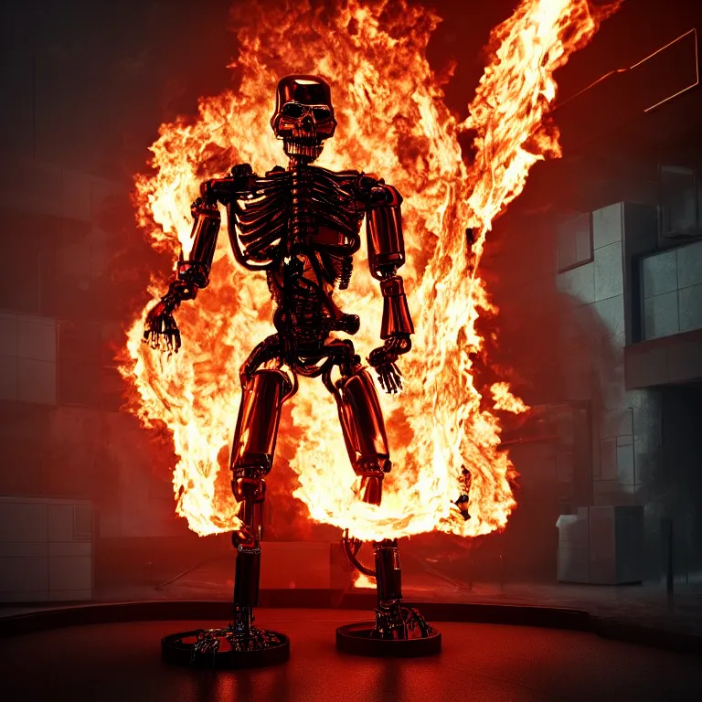 Prompt: terminator endoskeleton with fire behind it movie still, chrome, shiny, reflective, metallic, 3 d render, 3 d rendered, hdr, unreal engine 5, ray tracing, dramatic lighting, flame colors bright,