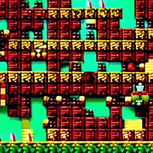 Prompt: Donkey Kong in a beautiful mine with shiny crystals on the wall, floating barrels and minecarts. In-game screenshot.