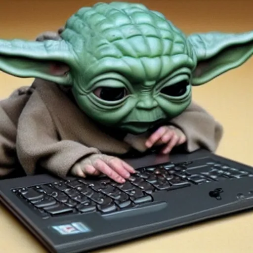 Image similar to baby yoda using a ThinkPad, highly detailed, realistic, cinematic