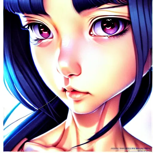 Prompt: depicting an extreme close up face of a dainty young mischievous female stoner prep highschool school student with medium length silky straight iridescent black hair and lightly suntanned skin, illustrated by Artgerm and Range Murata.