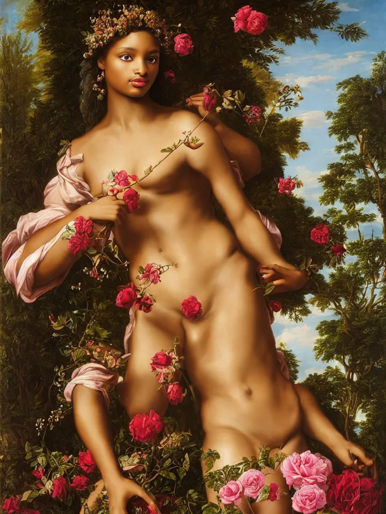 Image similar to regal portrait of jasmine tookes as aphrodite, goddess of love : : the birth of venus : : background of roses, myrtle, doves : : rococo, academicism