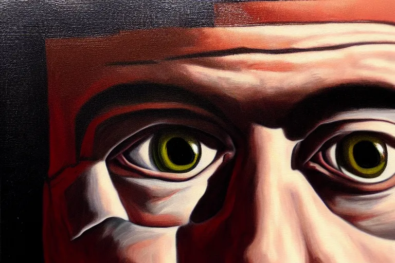 Image similar to frank the ai painter self portrait, detailed eyes, photorealistic