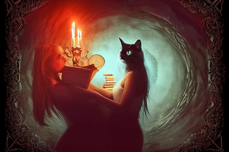 Image similar to romantic photo of bright girl, her cat and her book of necronomicon, symmetrical, cinematic, real dlsr photography, sharp focus, 4 k, ultra hd, sense of awe, sinister demonic atmosphere, dreadful, forbidden knowledge, old gods, cthulhu, yog - sothoth! yah, yah, yah! cultist journal cover