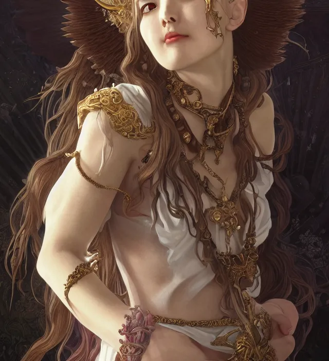 Image similar to portrait of of young beautiful goddess of chaos, d & d, baroque dress, elegant, flat lighting, intricate, highly detailed, digital painting, artstation, concept art, smooth, sharp focus, illustration, closeup, misa amane, art by simon bisley and greg rutkowski and alphonse mucha, natural tpose