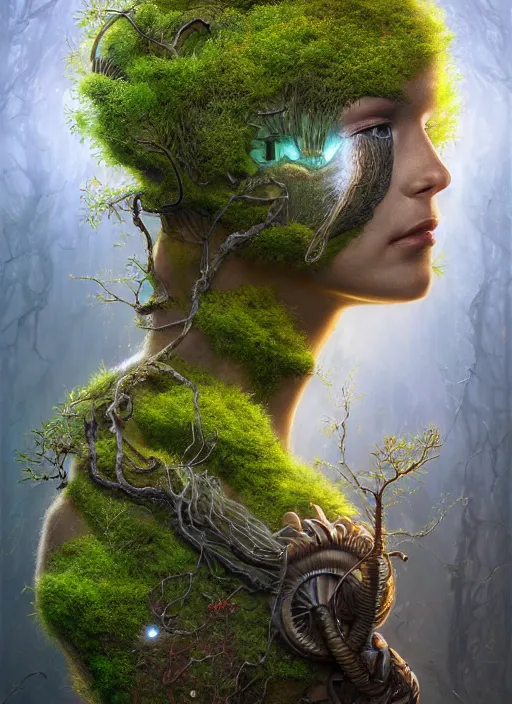 Prompt: Portrait of an Ancient Cyborg with a tree growing out of her head, moss, translucent leaves, extremly detailed digital painting, in the style of Tomasz Alen Kopera and Fenghua Zhong and Peter Mohrbacher, mystical colors, rim light, beautiful lighting, 8k, stunning scene, raytracing, octane, trending on artstation