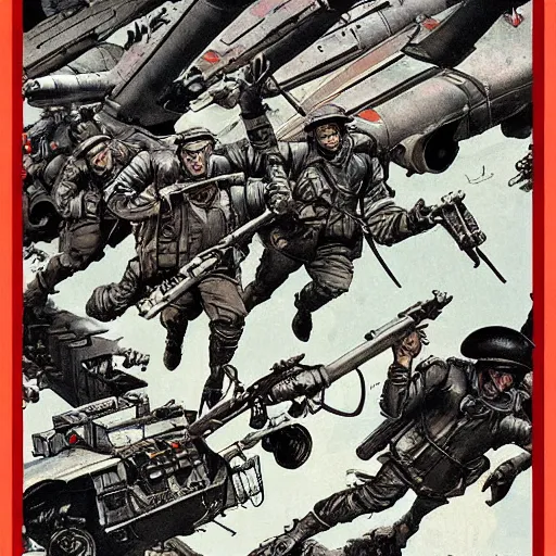 Image similar to Soviet mechs in the style of Norman Rockwell, world war 2, WWII, propaganda poster, sci-fi illustrations, highly detailed, award-winning, patriotic, soviet, ussr, dark, gritty, ink