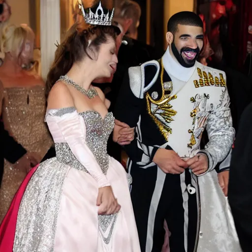 Prompt: drake giggling in a princess costume