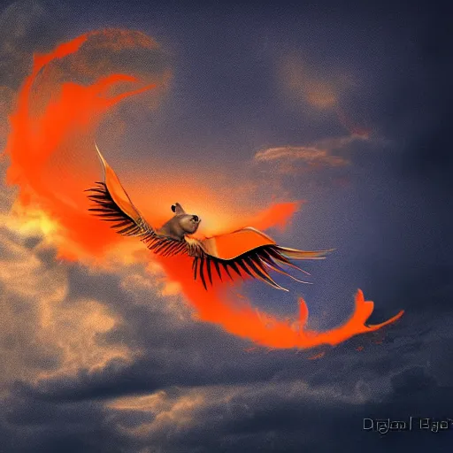 Image similar to a mouse with clockwork wings flying through thick orange clouds, fantasy digital art